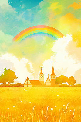JPG 나무 구름 감정 백그라운드 무지개 일러스트 자연 하늘 풍경 여름 햇빛 노란색 교회 평화 마을 일몰 시골 조화 뷰티풀 국내일러스트 AI일러스트 AI콘텐츠 자연요소 식물 계절 컬러 컨셉 종교건축 건물 태양 노을 생태계 파일형식