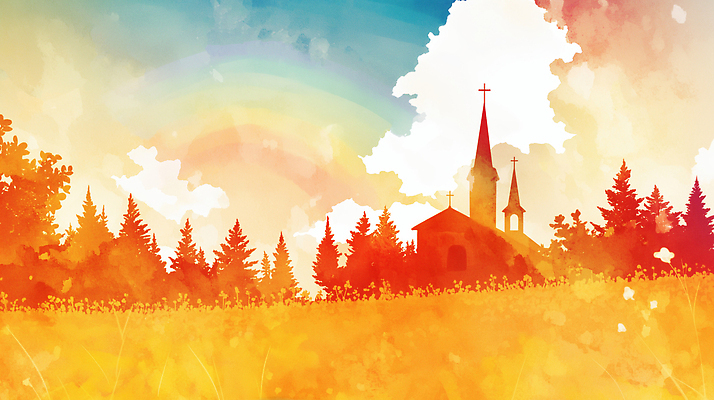 JPG 나무 감정 컬러 일러스트 자연 하늘 풍경 초원 소풍 교회 평화 기도 성전 조화 공동체 뷰티풀 풍경화 국내일러스트 AI일러스트 AI콘텐츠 식물 컨셉 종교건축 건물 야외활동 그림 생태계 파일형식