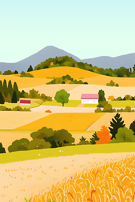 PSD 나무 컬러 일러스트 자연 하늘 산 주택 풍경 초원 초록색 햇빛 노란색 평화 농사 가을 농촌 조화 뷰티풀 한가함 목가 국내일러스트 식물 계절 컨셉 농업 건물 태양 시골 생태계 파일형식