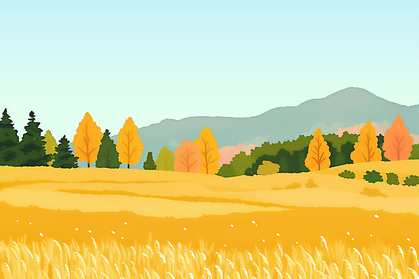 PSD 나무 계절 컬러 농업 일러스트 자연 하늘 날씨 산 풍경 초원 여름 평화 일몰 가을 시골 조화 밀밭 색감 풍경화 국내일러스트 식물 산업 컨셉 밭 노을 밀 그림 생태계 파일형식