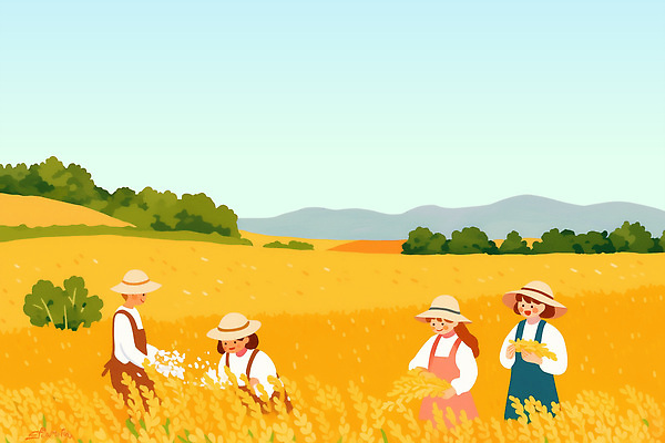 PSD 전통 농업 일러스트 모션 자연 날씨 협력 함께함 풍경 일상 여름 햇빛 농사 수확 황금 농부 즐거움 밀밭 국내일러스트 직업 계절 감정 산업 컨셉 밭 라이프 태양 밀 생태계 파일형식