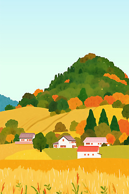 PSD 나무 컬러 백그라운드 일러스트 자연 산 주택 풍경 초원 파란색 농경지 노란색 마을 고요 가을 시골 지역 조화 뷰티풀 국내일러스트 식물 계절 건물 농장 생태계 파일형식