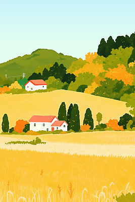 PSD 나무 컬러 일러스트 자연 하늘 주택 풍경 초원 일상 초록색 평화 마을 금색 가을 농촌 시골 변화 힐링 조용 풍요 국내일러스트 식물 계절 컨셉 건물 라이프 생태계 파일형식