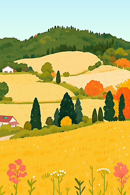 PSD 나무 꽃 컬러 일러스트 자연 하늘 풍경 초원 빨간색 초록색 노란색 주황색 고요 가을 농촌 시골 조화 국내일러스트 식물 계절 생태계 파일형식