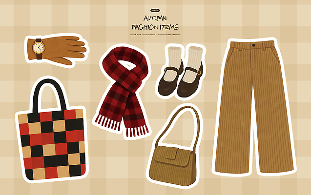 PSD 디자인 옷 여자 패션 남자 컬러 장갑 신발 가방 일러스트 유행 스카프 가을 빈티지 손목시계 코디 아이템 착용 스타일 국내일러스트 잡화 계절 시계 컨셉 장신구 사람 목도리 파일형식
