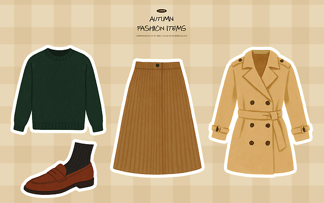 PSD 디자인 옷 패션 컬러 일러스트 장신구 캐주얼 초록색 갈색 가을 트렌치코트 여성복 남성복 스웨터 모던 주름치마 스타일 국내일러스트 계절 상의 치마 코트 파일형식