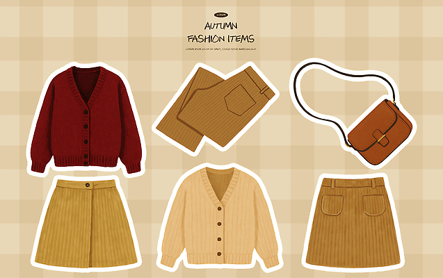 모양 PSD 디자인 옷 패션 컬러 패턴 가방 일러스트 장신구 바지 날씨 치마 유행 가을 편안함 스웨터 조화 아이템 스타일 국내일러스트 잡화 계절 상의 무늬 하의 감각 파일형식
