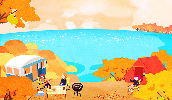 PSD 호수 음식 일러스트 모션 자연 텐트 풍경 잔디 취미 야외 파란색 소풍 주황색 캠핑 모임 바비큐 즐거움 카라반 국내일러스트 식물 감정 컬러 레저 캠핑도구 야외활동 생태계 캠핑카 파일형식