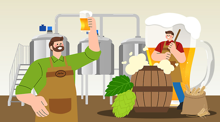 남자 일러스트 재료 모션 맥주 대화 기계 작업 제조 즐거움 발효 소통 맥주통 양조 양조장 창작 홉 국내일러스트 AI파일 식물 감정 컨셉 주류 말하기 사람 파일형식 벡터
