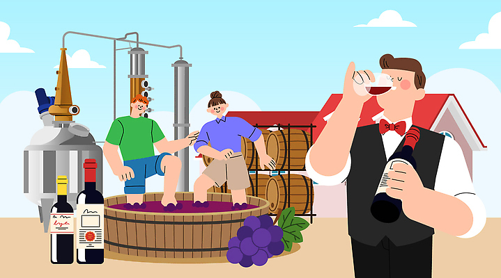 직업 전통 농업 일러스트 자연 포도 바닥 기술 여러명 농장 와인 기계 활발 맛 제조 즐거움 시음 양조장 배럴 으깨기 국내일러스트 AI파일 감정 산업 다수 컨셉 과일 주류 사람 생태계 클라리넷 파일형식 벡터