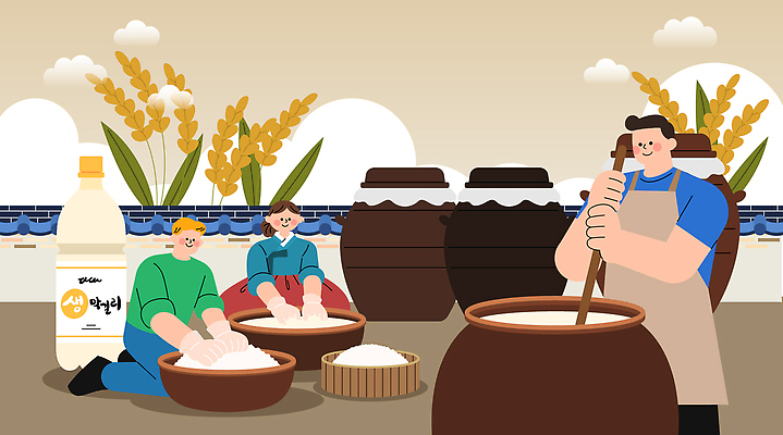 농업 일러스트 가족 자연 곡류 한국 논 일몰 전통음식 쌀 농촌 농부 공예 발효 레시피 막걸리 양조장 전통방식 국내일러스트 AI파일 직업 전통 산업 아시아 음식 관계 주류 취미 노을 시골 생태계 파일형식 벡터