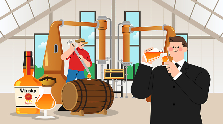 전통 남자 음료 일러스트 비즈니스 주방용품 주류 한국 농장 알코올 작업 제조 고객 직원 시음 양조 양조장 위스키 배럴 국내일러스트 AI파일 아시아 생활용품 농업 사람 클라리넷 파일형식 벡터