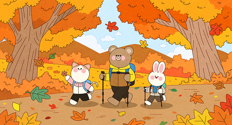 동물 컬러 단풍 일러스트 곰 자연 나뭇잎 웃음 풍경 야외 친구 소풍 걷기 고양이 하이킹 탐험 가을 토끼 숲 즐거움 국내일러스트 AI파일 계절 감정 잎 포유류 관계 모션 레저 표정 반려동물 야외활동 생태계 파일형식 벡터