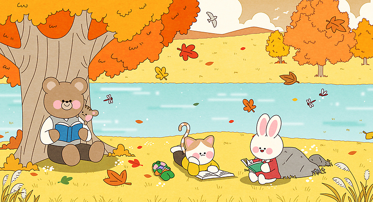 나무 동물 계절 호수 잎 일러스트 곰 자연 휴식 따뜻함 풍경 책 독서 고양이 가을 시골 토끼 편안함 테마 국내일러스트 AI파일 식물 컨셉 포유류 반려동물 감각 생태계 파일형식 벡터