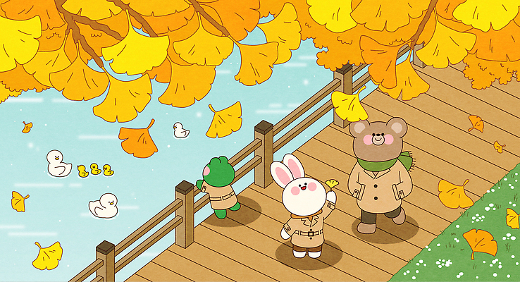 나무 동물 캐릭터 옷 공원 여유 일러스트 자연 동화 오리 풍경 친구 소풍 산책로 만남 가을 강가 즐거움 색채 국내일러스트 AI파일 식물 계절 공공시설 감정 길 컨셉 관계 조류 강 야외활동 생태계 파일형식 벡터