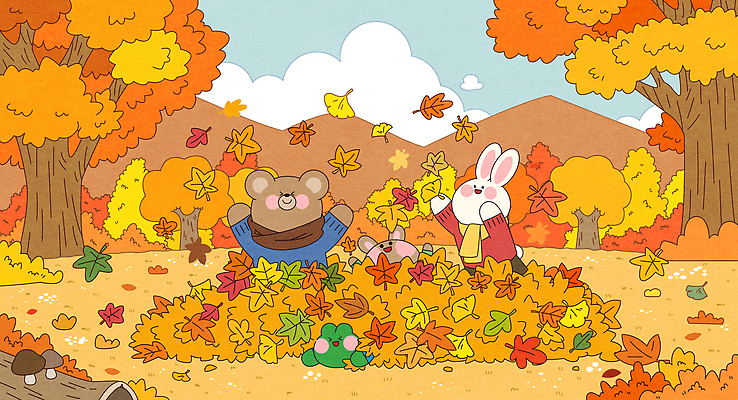 나무 동물 행복 여유 컬러 단풍 낙엽 일러스트 곰 모션 자연 놀이 웃음 풍경 일상 친구 가을 토끼 신선 숲 즐거움 국내일러스트 AI파일 식물 계절 감정 잎 포유류 관계 표정 라이프 반려동물 생태계 파일형식 벡터