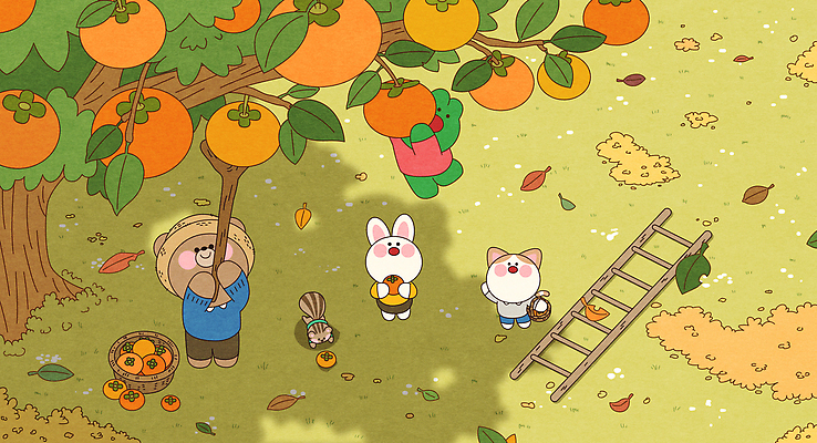 동물 캐릭터 과일 일러스트 가족 자연 놀이 협력 농장 귀여움 봄 산책 수확 과일나무 즐거움 친환경 생태계 수확철 국내일러스트 AI파일 나무 계절 감정 컨셉 농업 관계 휴식 환경 파일형식 벡터