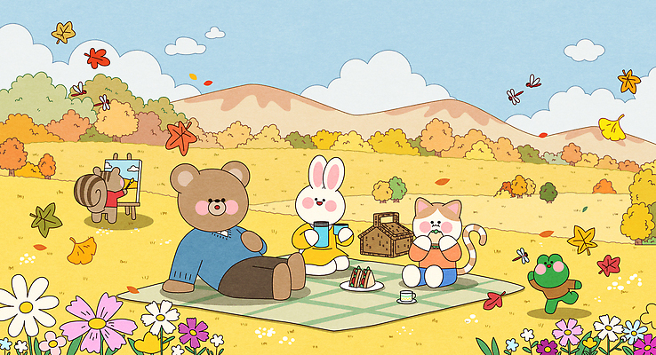 동물 꽃 일러스트 곰 자연 나뭇잎 산 풍경 친구 소풍 평화 고양이 가을 토끼 담요 즐거움 색채 국내일러스트 AI파일 식물 계절 감정 컨셉 잎 포유류 관계 반려동물 야외활동 생태계 파일형식 벡터