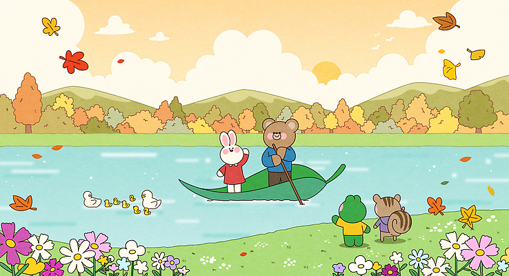 동물 캐릭터 사계절 컬러 일러스트 가족 자연 놀이 휴식 나뭇잎 풍경 강 귀여움 가을 연못 시간 보트 즐거움 친환경 노젓기 국내일러스트 AI파일 계절 감정 컨셉 잎 배_교통 관계 모션 환경 생태계 파일형식 벡터