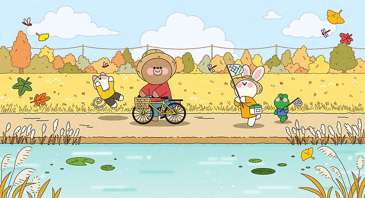 동물 공원 호수 여유 일러스트 곰 자연 조류 하늘 개구리 초원 여름 자전거 도전 가을 토끼 즐거움 생태계 자전거여행 국내일러스트 AI파일 계절 공공시설 감정 여행 포유류 양서류 반려동물 바이크 파일형식 벡터