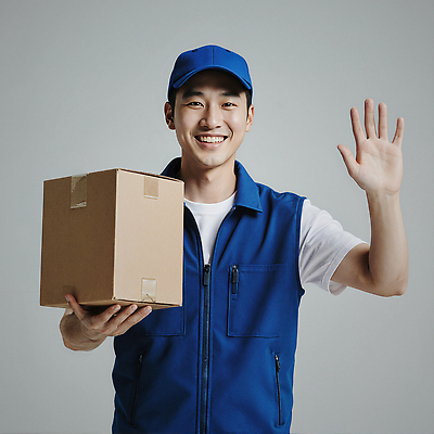 JPG 편집이미지 남자 백그라운드 친절 표정 웃음 파란색 상자 인사 조끼 택배기사 고객 배송 서비스 택배 손흔들기 의료성형뷰티 편집실사 AI포토 AI인물포토 AI콘텐츠 택배없는날 컬러 모션 사람 외투 운송업 예절 배달원 CG 제도 파일형식