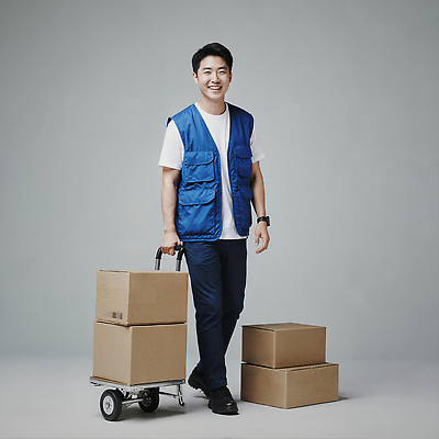 JPG 편집이미지 남자 포장 모션 아침 실내 미소 웃음 상자 당기기 택배기사 배송 택배 물류 의료성형뷰티 편집실사 AI포토 AI인물포토 AI콘텐츠 택배없는날 주간 표정 사람 내부 운송업 배달원 CG 제도 파일형식