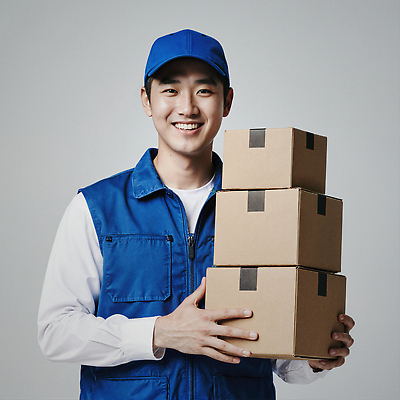 JPG 편집이미지 직업 포장 모션 미소 파란색 상자 자신감 택배기사 배달원 고객 배송 서비스 정리 물류 의료성형뷰티 편집실사 AI포토 AI인물포토 AI콘텐츠 택배없는날 감정 컬러 표정 CG 제도 파일형식