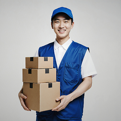 JPG 편집이미지 모자 백그라운드 포장 웃음 상자 조끼 작업 택배기사 상품 고객 배송 직원 서비스 택배 물류 의료성형뷰티 편집실사 AI포토 AI인물포토 AI콘텐츠 택배없는날 잡화 표정 외투 운송업 배달원 CG 제도 파일형식