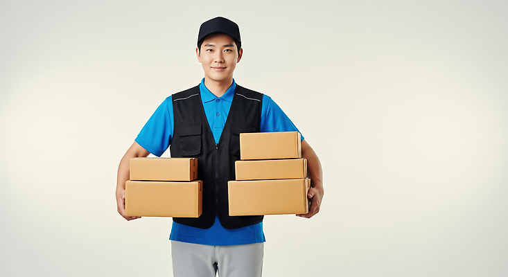 JPG 편집이미지 남자 이동 모션 실내 선물 미소 일상 상자 운송업 작업 택배기사 고객 배송 오브젝트 서비스 물류 의료성형뷰티 편집실사 AI포토 AI인물포토 AI콘텐츠 택배없는날 산업 컨셉 표정 사람 내부 라이프 배달원 CG 제도 파일형식