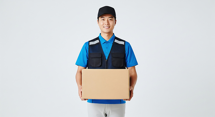 JPG 편집이미지 남자 유니폼 친절 미소 상자 작업 뉴스 택배기사 상품 고객 배송 서비스 택배 편리함 의료성형뷰티 편집실사 AI포토 AI인물포토 AI콘텐츠 택배없는날 옷 컨셉 표정 사람 운송업 배달원 CG 제도 파일형식