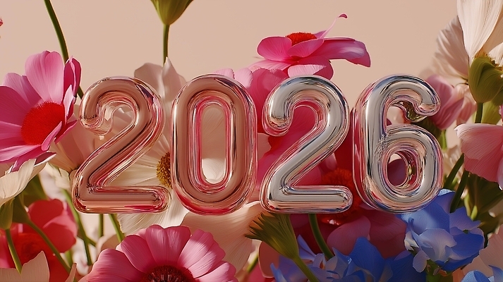 JPG 편집이미지 디자인 꽃 예술 컬러 백그라운드 자연 기념 장식 숫자 축하 화사함 2026년 편집3D AI컴퓨터그래픽 AI콘텐츠 식물 문자 컨셉 3D 연도 생태계 파일형식