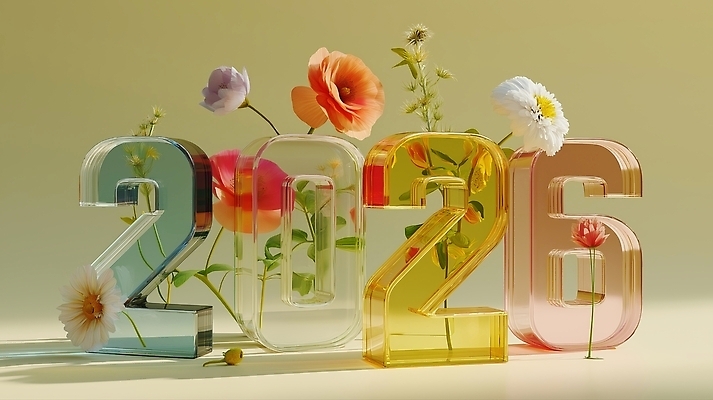 JPG 모양 편집이미지 디자인 기념일 꽃 컬러 자연 탁자 조명 장식 숫자 반사 축하 투명 뷰티풀 2026년 편집3D AI컴퓨터그래픽 AI콘텐츠 식물 문자 가구 컨셉 이벤트 3D 연도 생태계 파일형식