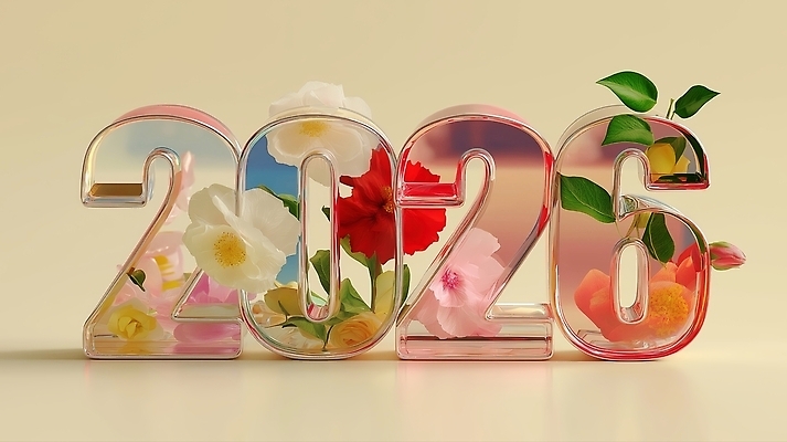 JPG 식물 편집이미지 디자인 꽃 예술 컬러 자연 장식 숫자 투명 화려 조화 뷰티풀 생동감 2026년 알록달록 편집3D AI컴퓨터그래픽 AI콘텐츠 문자 컨셉 컬러풀 3D 연도 생태계 파일형식