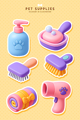 PSD 편집이미지 디자인 컬러 털 반려동물 세트 뷰티 귀여움 목욕 붓 드라이어 오브젝트 샴푸 스타일링 편집3D 동물 컨셉 위생용품 3D 청결 미용용품 파일형식
