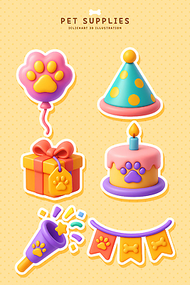 PSD 편집이미지 디자인 선물 장식 반려동물 세트 파티 귀여움 케이크 축하 생일 오브젝트 풍선 편집3D 동물 기념일 컨셉 디저트 이벤트 3D 파일형식