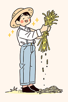 전통 농업 일러스트 자연 생명 웃음 풍경 소년 여름 햇빛 농장 농사 수확 작업 볏짚 농부 즐거움 귀찮음 국내일러스트 AI파일 직업 계절 남자 감정 산업 어린이 컨셉 표정 태양 짚 생태계 파일형식 벡터