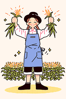 어린이 농업 채소 일러스트 가족 자연 생명 옥수수 웃음 여름 농작물 농장 농사 앞치마 수확 농촌 즐거움 밝은색 밭일 국내일러스트 AI파일 계절 감정 산업 관계 곡류 표정 사람 시골 생태계 파일형식 벡터