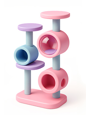 PSD 편집이미지 디자인 분홍색 장신구 놀이 주택 장난감 귀여움 보라색 고양이 공간 구조물 호기심 층 캣타워 편집3D 건축 감정 컬러 컨셉 포유류 건물 반려동물 3D 파일형식 반려용품