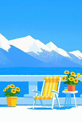 JPG 꽃 여유 바다 컬러 여행 의자 일러스트 자연 탁자 하늘 휴가 휴식 해바라기 산 풍경 일상 노란색 평화 발코니 오후 국내일러스트 AI일러스트 AI콘텐츠 식물 감정 가구 컨셉 라이프 생태계 파일형식