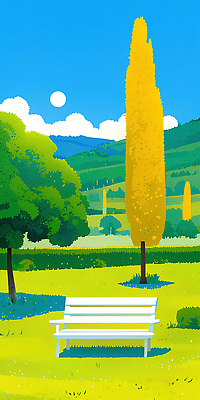 JPG 나무 공원 벤치 일러스트 자연 하늘 아침 휴식 산 풍경 초록색 여름 노란색 평화 정원 산책로 언덕 국내일러스트 AI일러스트 AI콘텐츠 주간 식물 계절 공공시설 길 컬러 컨셉 의자 생태계 파일형식