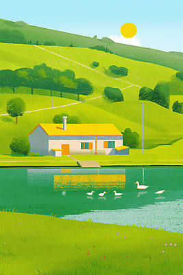 JPG 나무 일러스트 자연 하늘 생명 주택 풍경 여름 파란색 햇빛 평화 수영 연못 언덕 백조 지역 조화 차분 국내일러스트 AI일러스트 AI콘텐츠 식물 계절 컬러 컨셉 조류 건물 태양 수상스포츠 생태계 파일형식