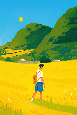 JPG 여행 일러스트 배낭 자연 하늘 휴식 산 사람 풍경 초원 여름 햇빛 평화 산책 탐험 즐거움 청명 백패킹 국내일러스트 AI일러스트 AI콘텐츠 계절 감정 컨셉 가방 레포츠 태양 생태계 파일형식