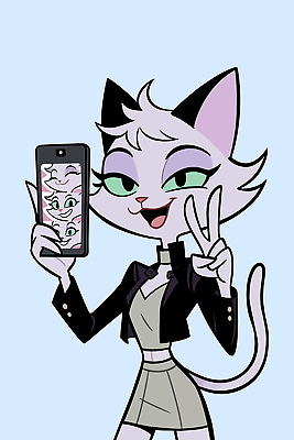 동물 캐릭터 디자인 옷 예술 포즈 일러스트 미소 스마트폰 평화 귀여움 촬영 고양이 셀프카메라 장면 소셜미디어 소프트웨어 창의성 스타일 국내일러스트 AI파일 컨셉 포유류 표정 핸드폰 스마트기기 반려동물 사진촬영 파일형식 벡터