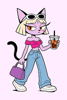 캐릭터 헤어스타일 패션 분홍색 일러스트 장신구 미소 일상 캐주얼 여름 청춘 귀여움 고양이 핸드백 청바지 도시 아이스커피 스타일 국내일러스트 AI파일 옷 계절 커피 컬러 컨셉 가방 바지 포유류 표정 라이프 반려동물 파일형식 벡터