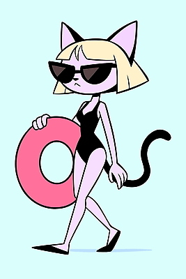 캐릭터 수영복 분홍색 일러스트 물놀이 소녀 해변 여름 선글라스 귀여움 고양이 산책 즐거움 튜브 스타일 국내일러스트 AI파일 옷 계절 여자 감정 안경 어린이 바다 컬러 컨셉 포유류 놀이 휴식 반려동물 파일형식 벡터