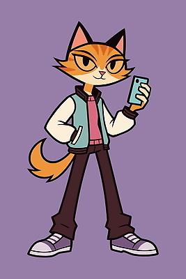 캐릭터 디자인 옷 남자 백그라운드 일러스트 모션 털 캐주얼 스마트폰 귀여움 디지털 보라색 고양이 표현 아이템 스타일 국내일러스트 AI파일 컬러 컨셉 포유류 사람 핸드폰 스마트기기 반려동물 파일형식 벡터