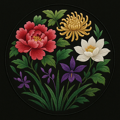 JPG 편집이미지 전통 디자인 꽃 예술 검은배경 국화 연꽃 전시 자수 아이리스 모란 뷰티풀 수예 핸드메이드 편집실사 AI포토 AI콘텐츠 식물 백그라운드 취미 검은색 CG 파일형식