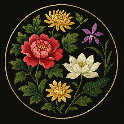 JPG 편집이미지 전통 디자인 꽃 예술 컬러 패턴 장식 자수 수공예 복잡 뷰티풀 디테일 편집실사 AI포토 AI콘텐츠 식물 컨셉 무늬 공예 CG 파일형식