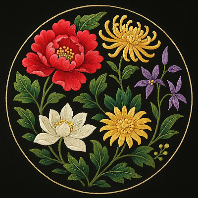 JPG 편집이미지 전통 디자인 꽃 문화 예술 컬러 패턴 한국 장식 원형 자수 수공예 뷰티풀 수놓기 편집실사 AI포토 AI콘텐츠 도형 식물 아시아 무늬 공예 CG 파일형식