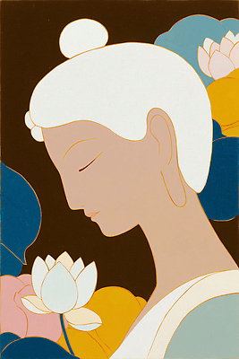 JPG 전통 여자 꽃 감정 얼굴 예술 상징 컬러 백그라운드 일러스트 자연 연꽃 평화 고요 감상 영혼 묘사 그림 조화 뷰티풀 국내일러스트 AI일러스트 AI콘텐츠 식물 컨셉 사람 신체부위 생태계 파일형식